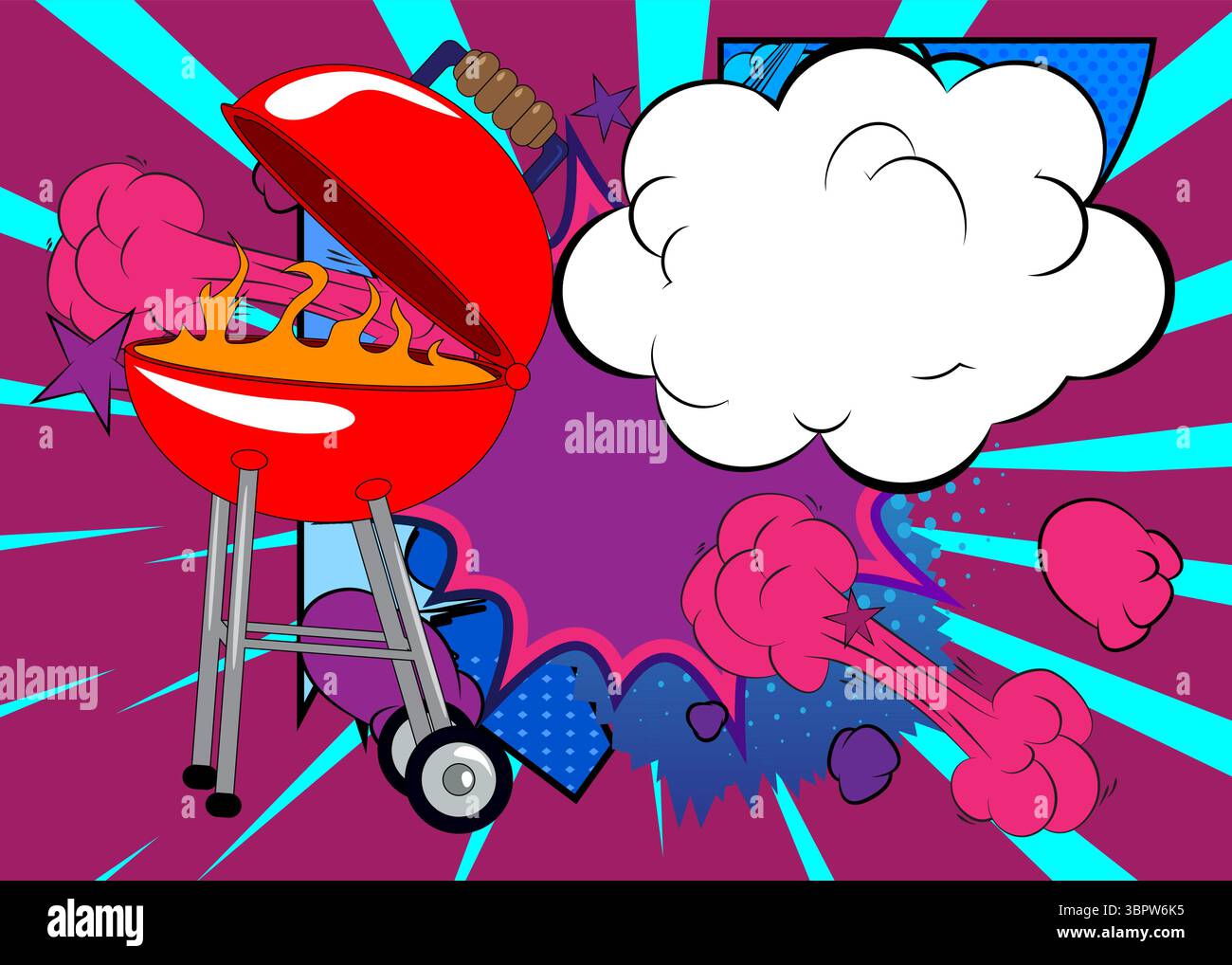 Dessin animé brûlant du bois dans le barbecue avec bulle de discours vierge, fond de BBQ de bande dessinée. Design pop art de bandes dessinées vectorielles rétro. Illustration de Vecteur