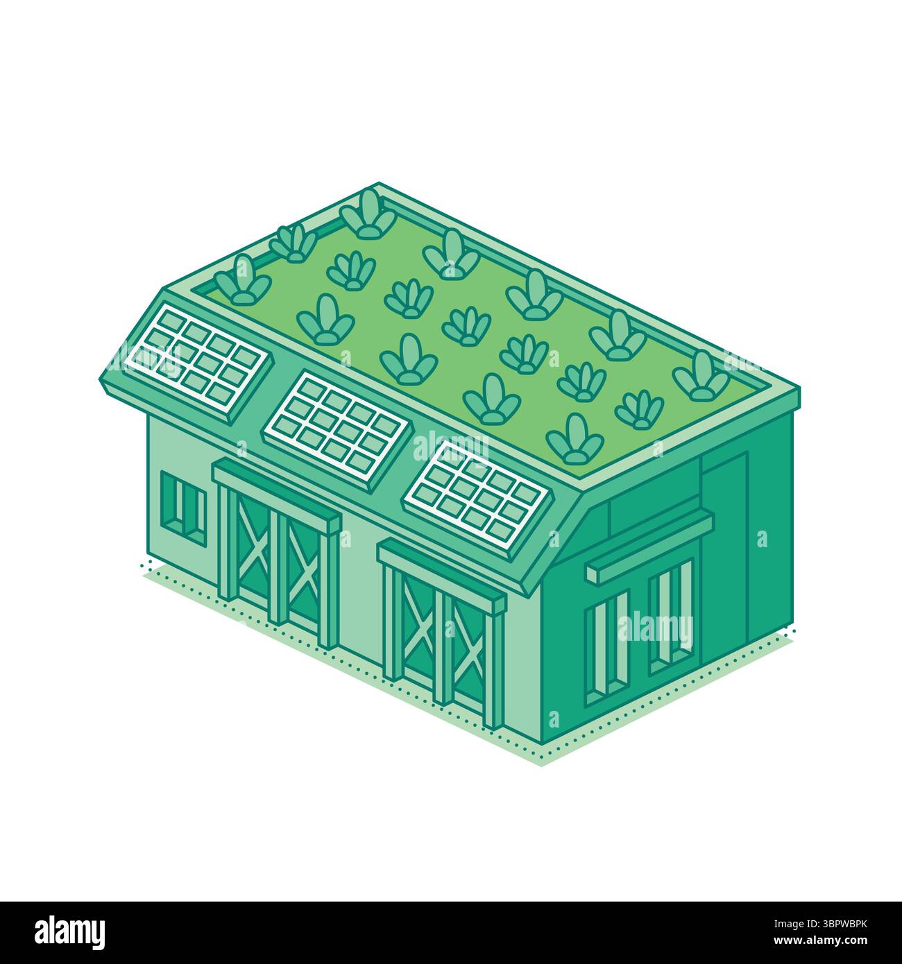 Entrepôt vert isométrique avec toit végétalisé et panneaux solaires. Concept d'architecture durable, de bâtiment respectueux de l'environnement et d'énergie renouvelable. Illustration de Vecteur