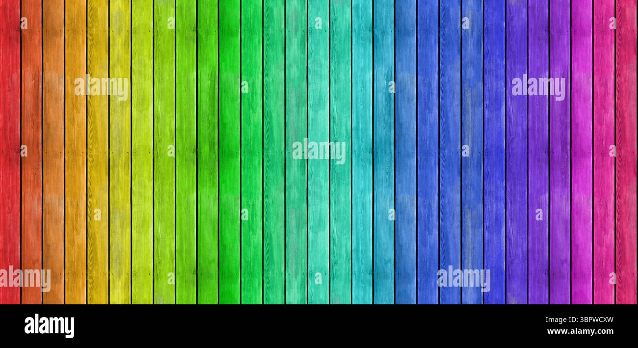 Planches en bois arc-en-ciel – une texture de fond en bois sans couture colorée. Bannière murale à motif panoramique en bois. Banque D'Images