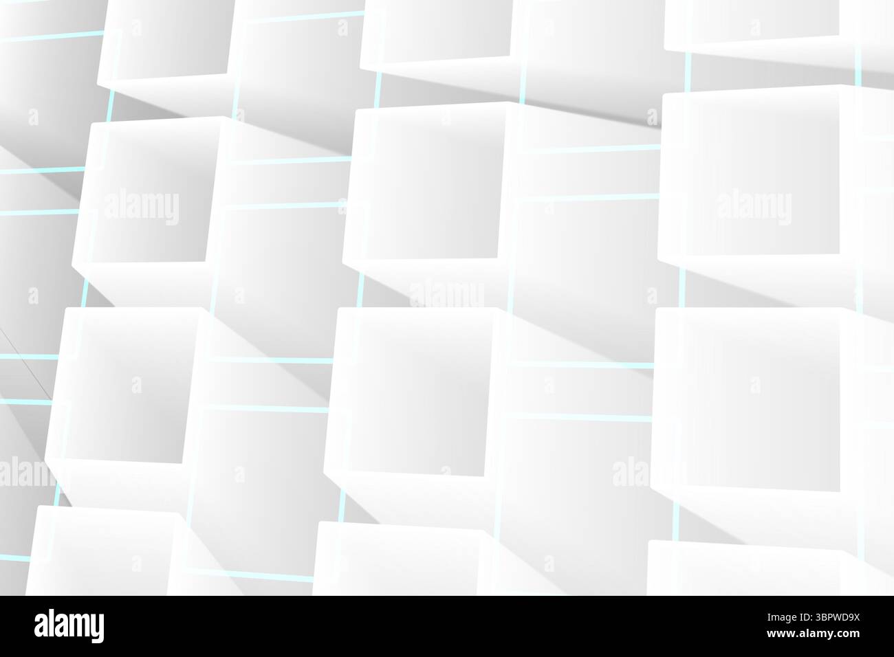 La conception abstraite 3D montre des cubes creux blancs formant une grille avec de fines lignes bleues projetant des ombres Banque D'Images