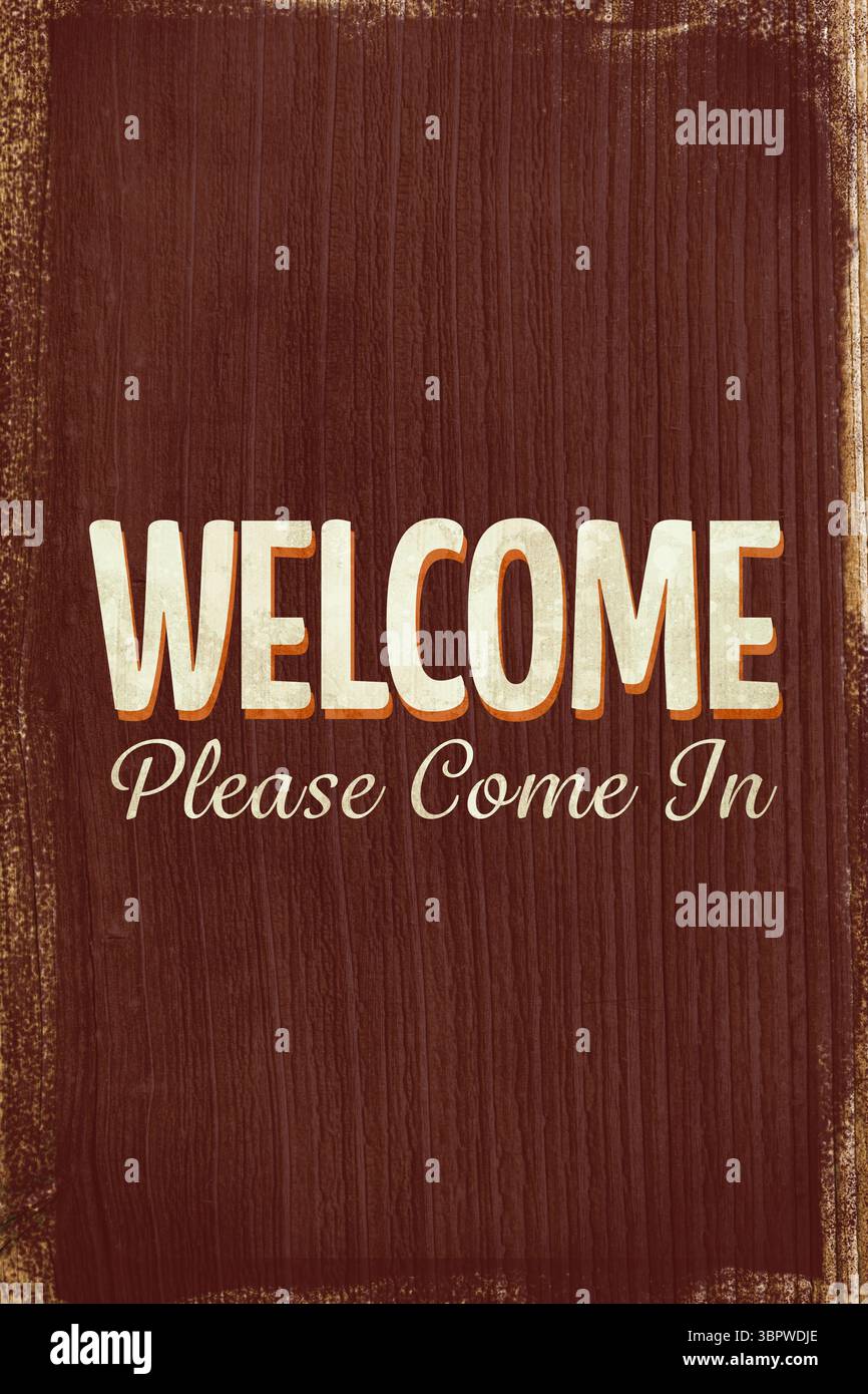 La conception vectorielle plate comporte un signe de bienvenue en bois avec un texte majuscule audacieux et un script cursif Banque D'Images