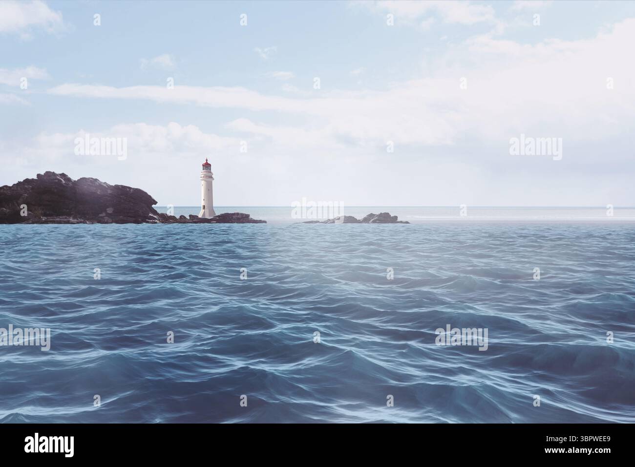 Le paysage marin de conception plate montre un phare blanc debout sur un éperon rocheux avec des vagues de l'océan qui roulent Banque D'Images