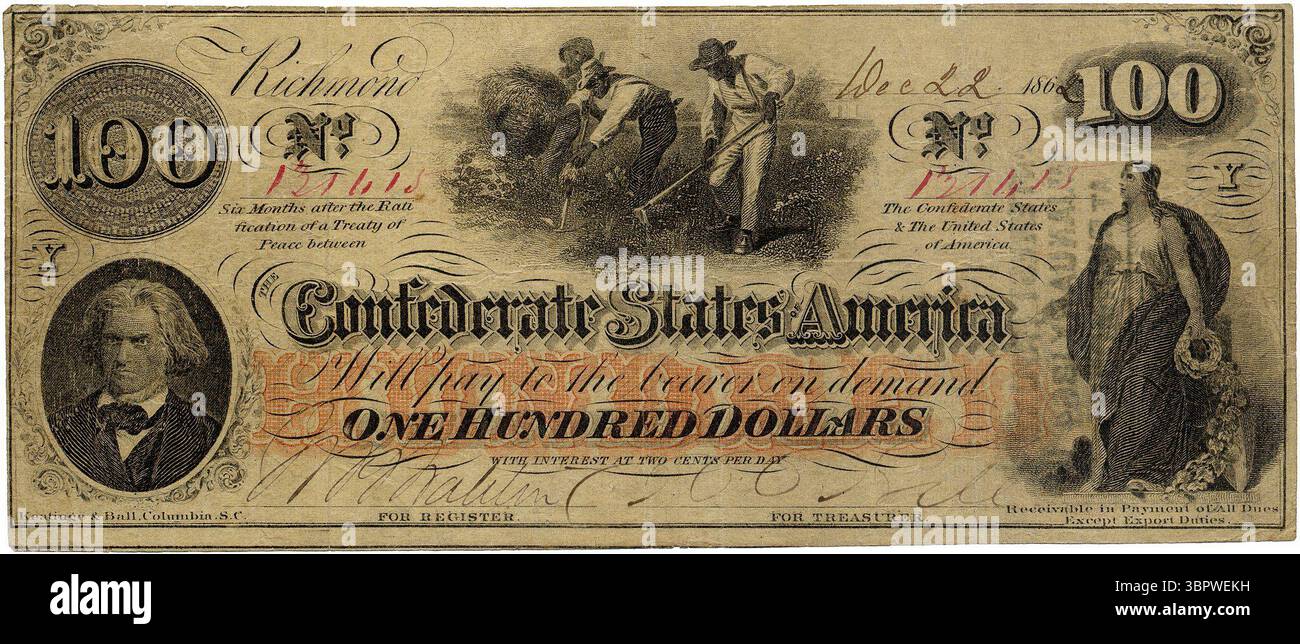 Photo historique vintage d'un billet de banque des États confédérés d'Amérique de 100 $, datée du 22 décembre 1862. Publié pendant la guerre de Sécession, il présente des esclaves qui houillent du coton au centre, un portrait de John C. Calhoun à gauche et la figure allégorique Columbia à droite. Plus de 670 000 de ces notes ont été imprimées entre août 1862 et janvier 1863. Banque D'Images