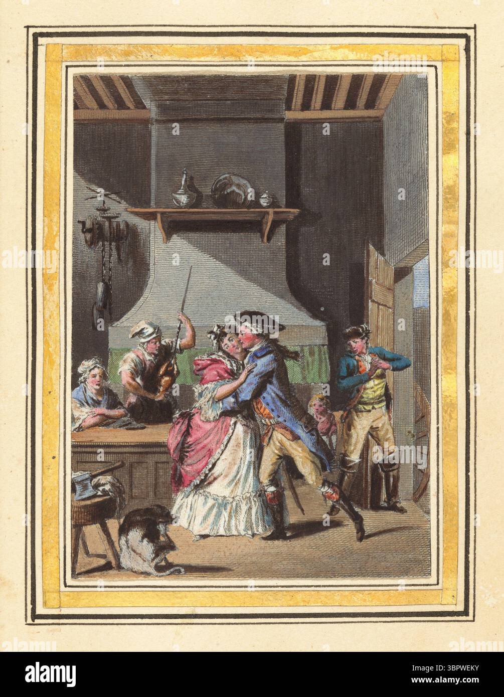 Gravure colorée à la main tirée de histoire de Manon Lescaut (volume I), publiée en 1797. Cette scène domestique animée montre une étreinte flirtante entre un jeune couple en tenue du XVIIIe siècle, observé par les mécènes de la taverne et un chien au premier plan. Inspirée du roman d’Antoine-François Prévost, cette illustration a été créée par divers artistes français dont Louis-Joseph Lefevre et Jacques-Joseph Coiny. Banque D'Images