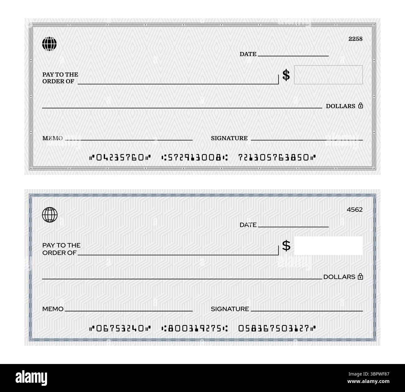 Modèle de chèque bancaire vierge, chèque de chéquier avec arrière-plans de sécurité, numéros encodés MICR et champs pour le bénéficiaire, le montant, la date, le mémo et la signature. Coupon de paiement en devise vectorielle Illustration de Vecteur