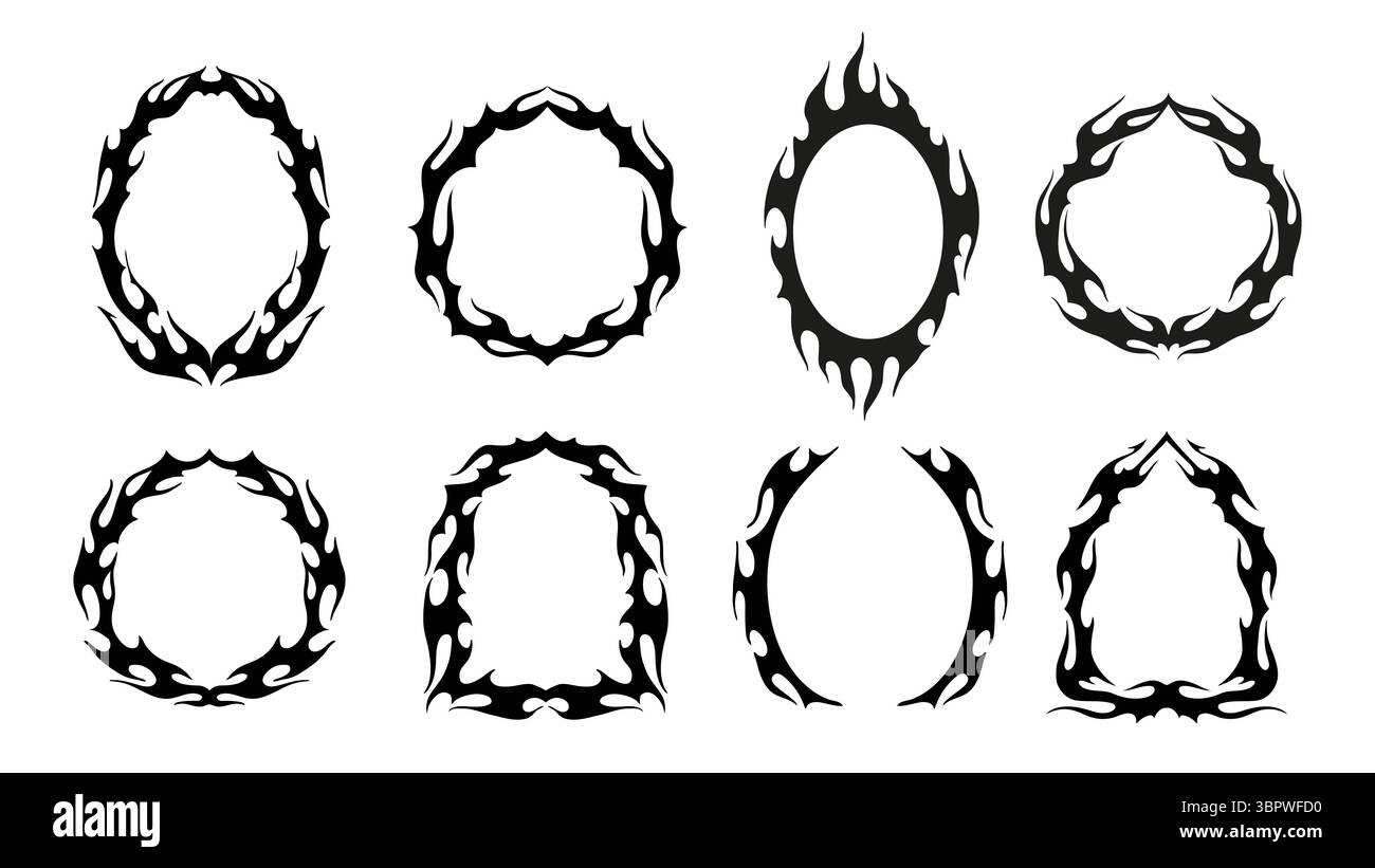 Cadres gothiques tribaux avec des bordures vectorielles d'ornements fantastiques y2k. Cadres noirs néo gothiques pour tatouage ou horreur décoration d'Halloween. Des flammes de feu tribales abstraites et des branches pointues bordent les lignes Illustration de Vecteur