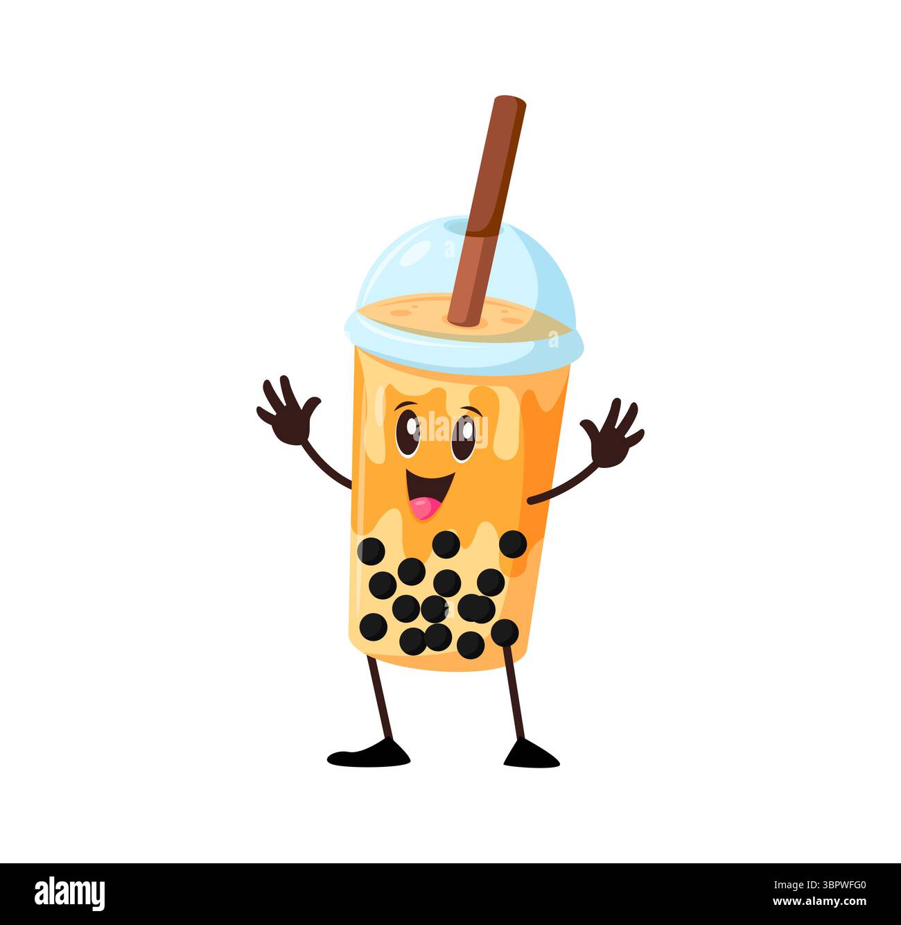 Dessin animé Bubble thé boisson sucrée caractère heureux. Boisson sucrée de restauration rapide, tasse en plastique de boisson de café à emporter avec couvercle et personnage vectoriel groovy joyeux de paille. Bubble tea isolé personnage funky Illustration de Vecteur