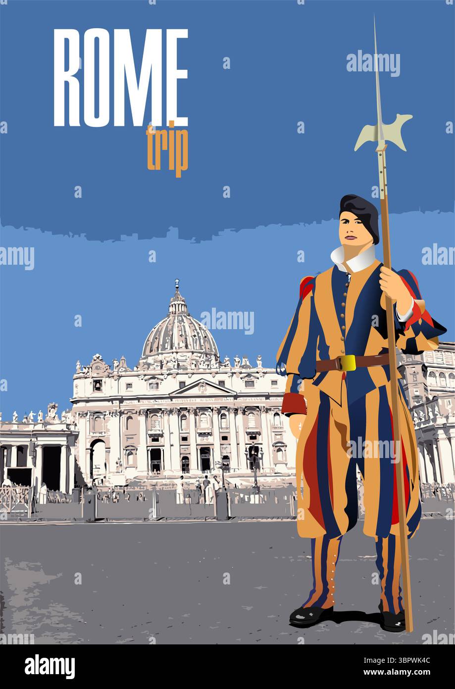 Garde suisse tenant une halberde debout devant St. Basilique de Pierre au vatican Illustration de Vecteur