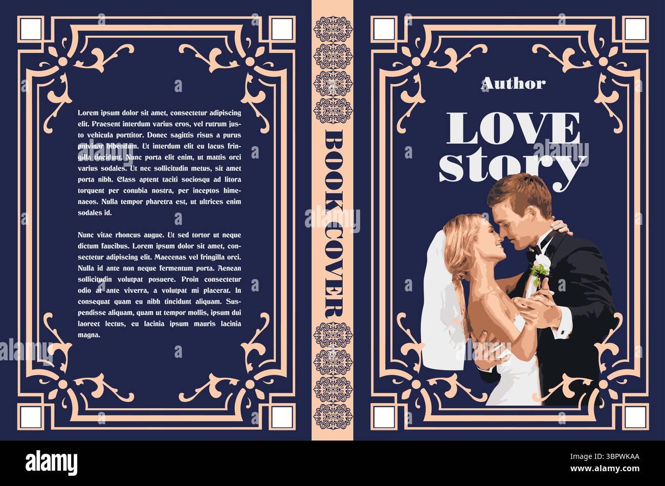 Couverture romantique de livre avec une mariée et mariée embrassant, parfait pour illustrer des romans, des annonces de mariage, ou d'autres projets sur le thème de l'amour Illustration de Vecteur