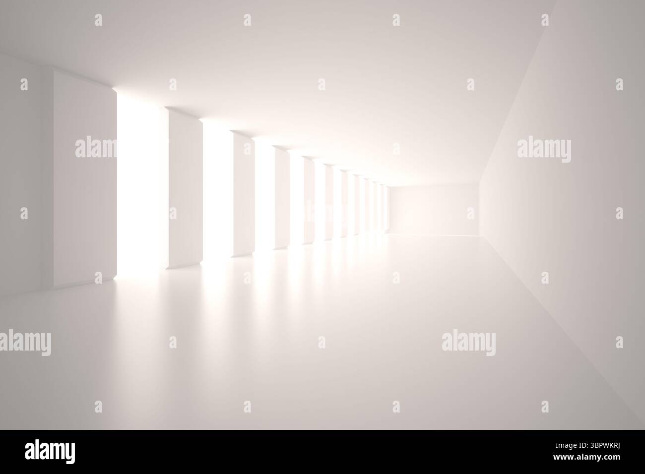 Les ouvertures verticales éclairées inondent le couloir de conception plate de reflets blancs brillants Banque D'Images