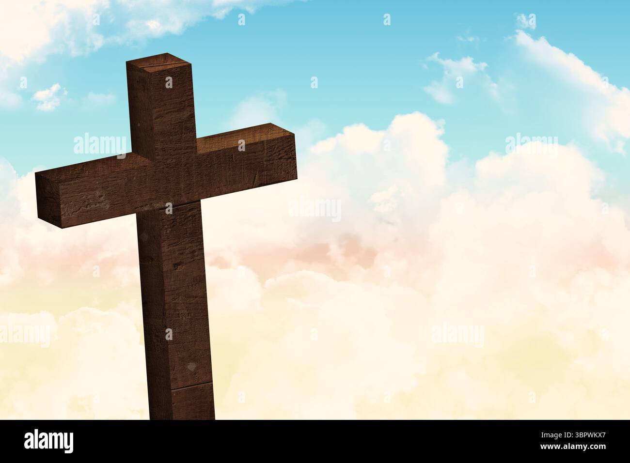 La croix en bois altérée se tient contre des nuages pastel dans l'illustration vectorielle de conception plate Banque D'Images