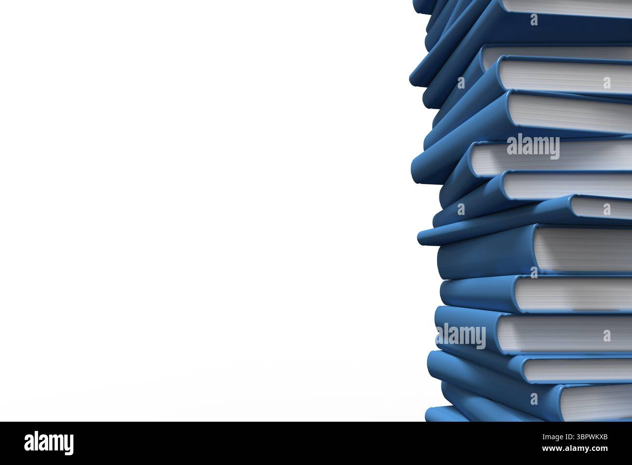 La pile de livres à couverture rigide bleus est montrée dans un design plat avec fond blanc, espace de copie Banque D'Images