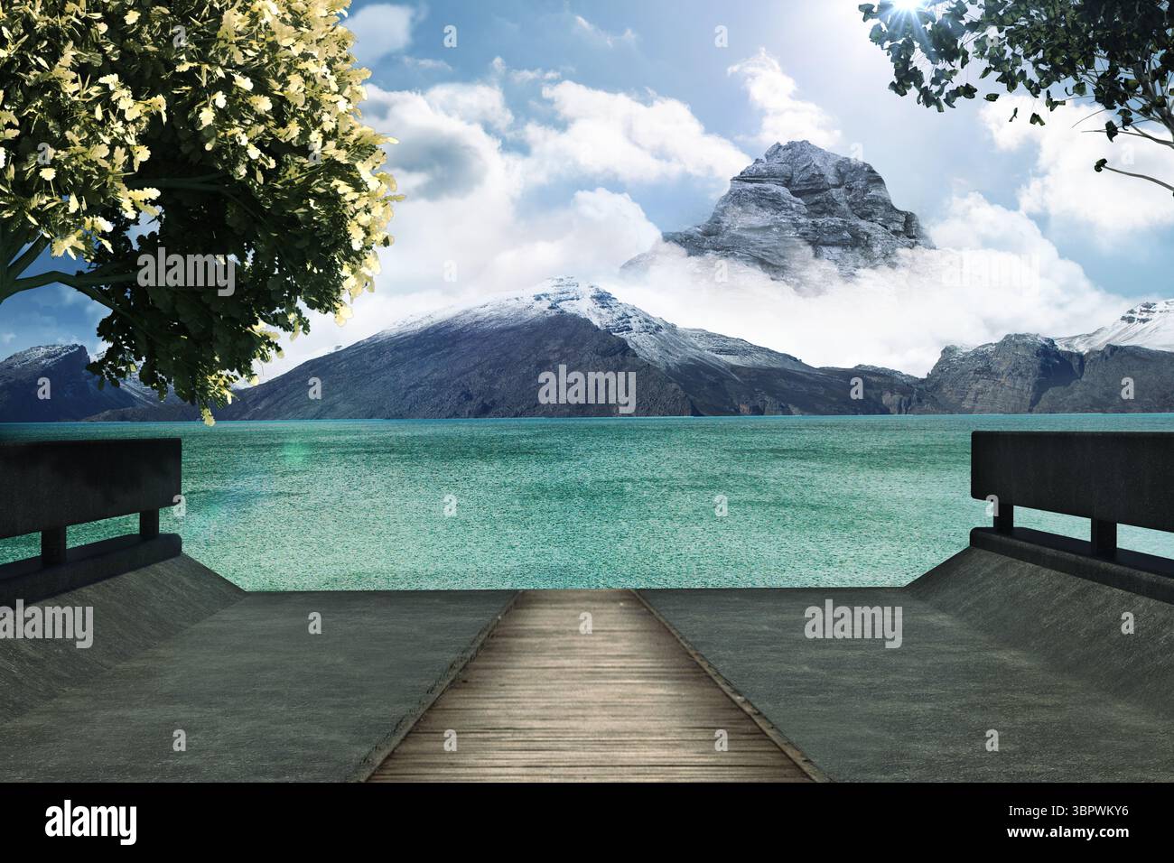 Quai en bois s'étend dans le lac turquoise dans un design plat avec des garde-corps en béton, pic de neige Banque D'Images