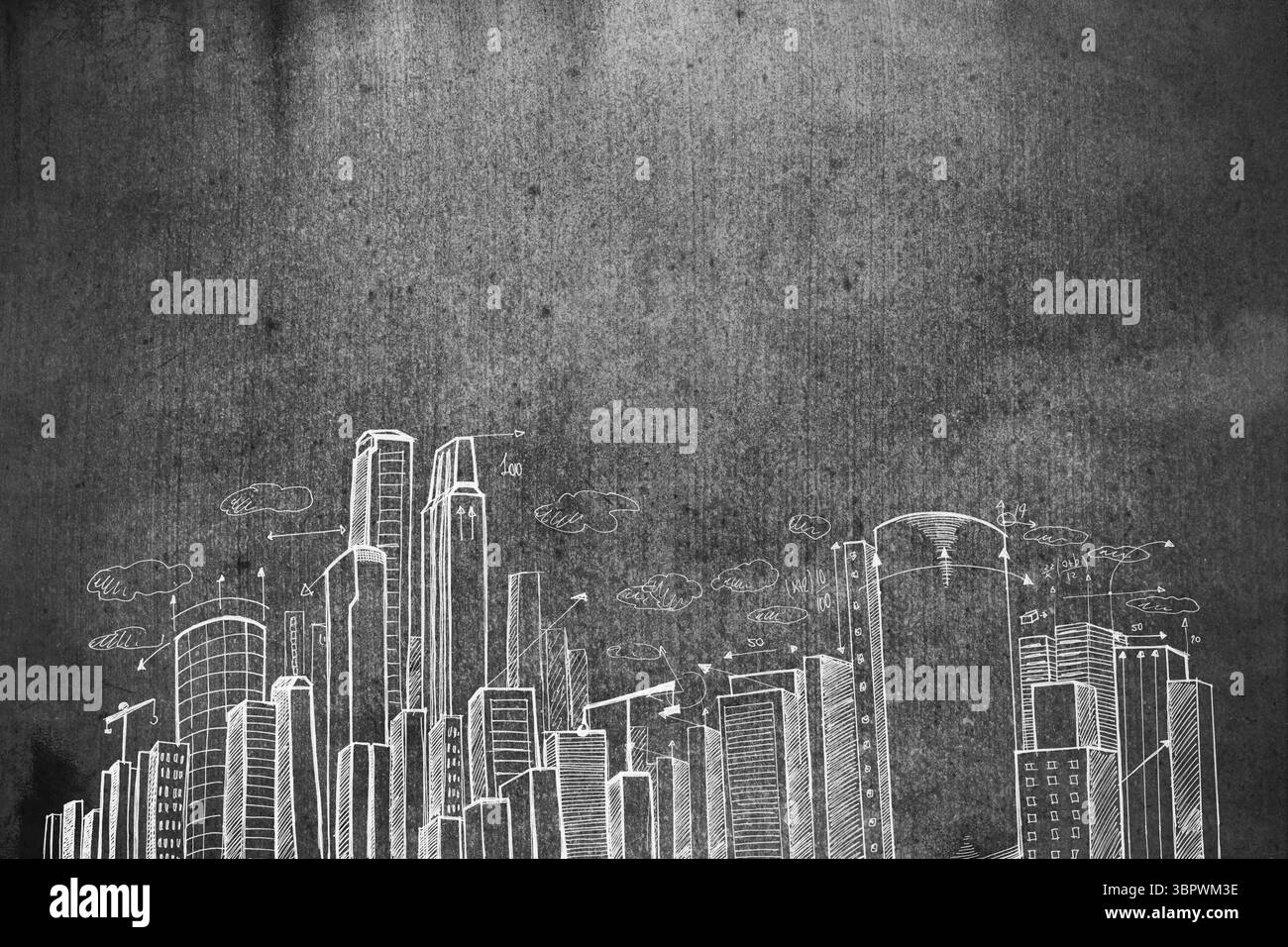 Un croquis d'horizon de ville de style craie apparaît sur un mur texturé, avec des nuages, des flèches, des lignes de cote Banque D'Images Un croquis d'horizon de ville de style craie apparaît sur un mur texturé, avec des nuages, des flèches, des lignes de cote Banque D'Images