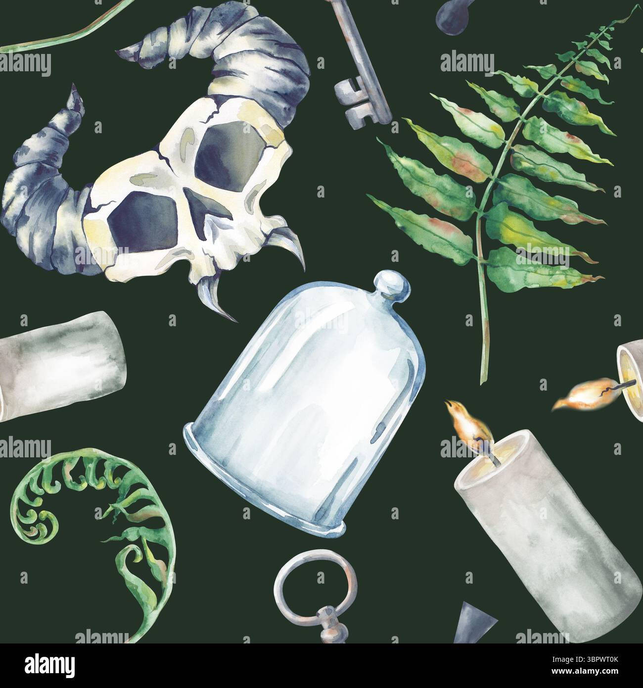 Un motif aquarelle sans couture avec des éléments de sorcellerie peints à la main sur un fond vert foncé. Un crâne corné, un dôme de verre, une clé, des bougies allumées Banque D'Images