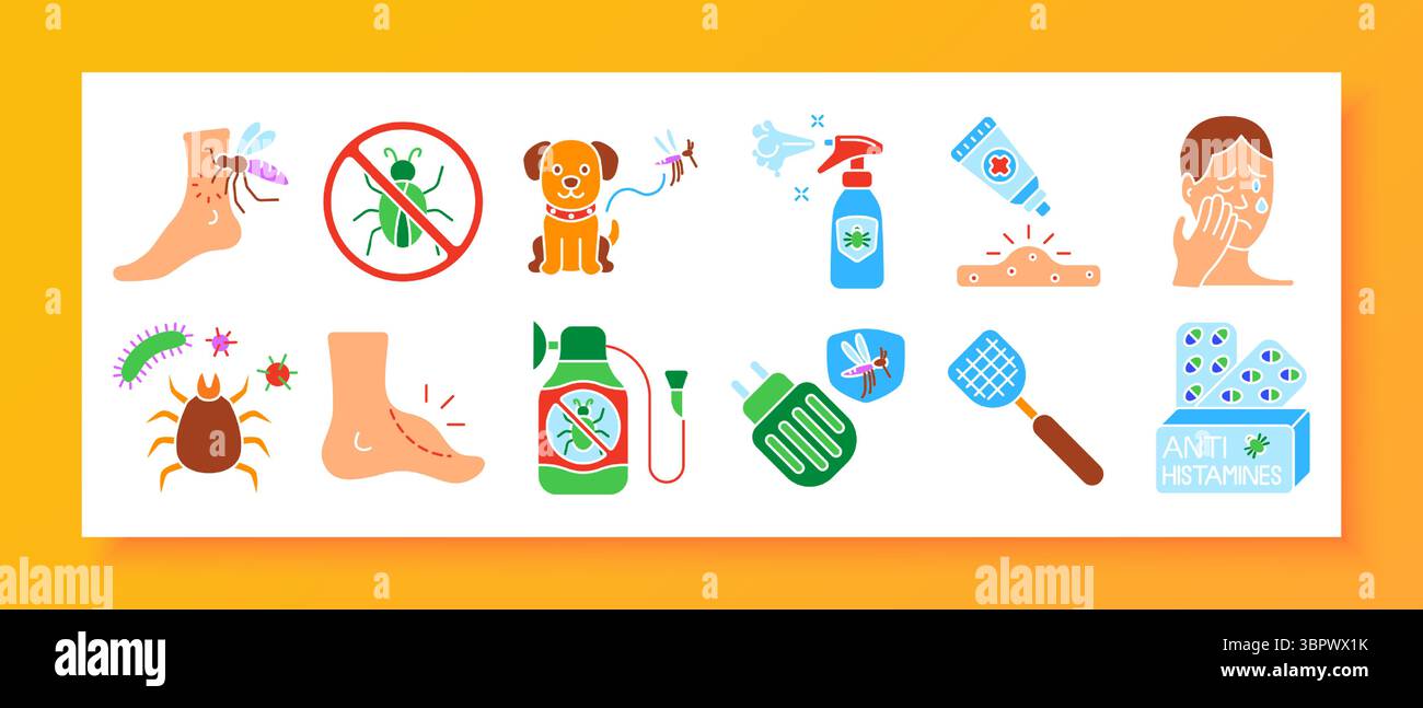 Icône de réglage du contrôle des insectes. Les icônes incluent piqûre d'insecte sur le pied, signe d'insecte barrée, chien avec moustique, spray répulsif, crème de guérison, visage irrité, t Illustration de Vecteur