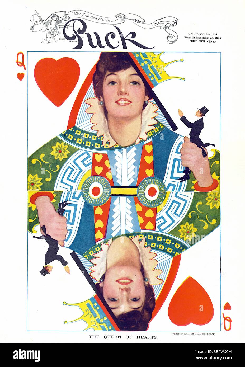 Walter Dean Goldbeck - le visage d'Evelyn Nesbit comme 'la Reine de cœur' sur la carte à jouer. Magazine hebdomadaire Puck, 25 mars 1914. Banque D'Images