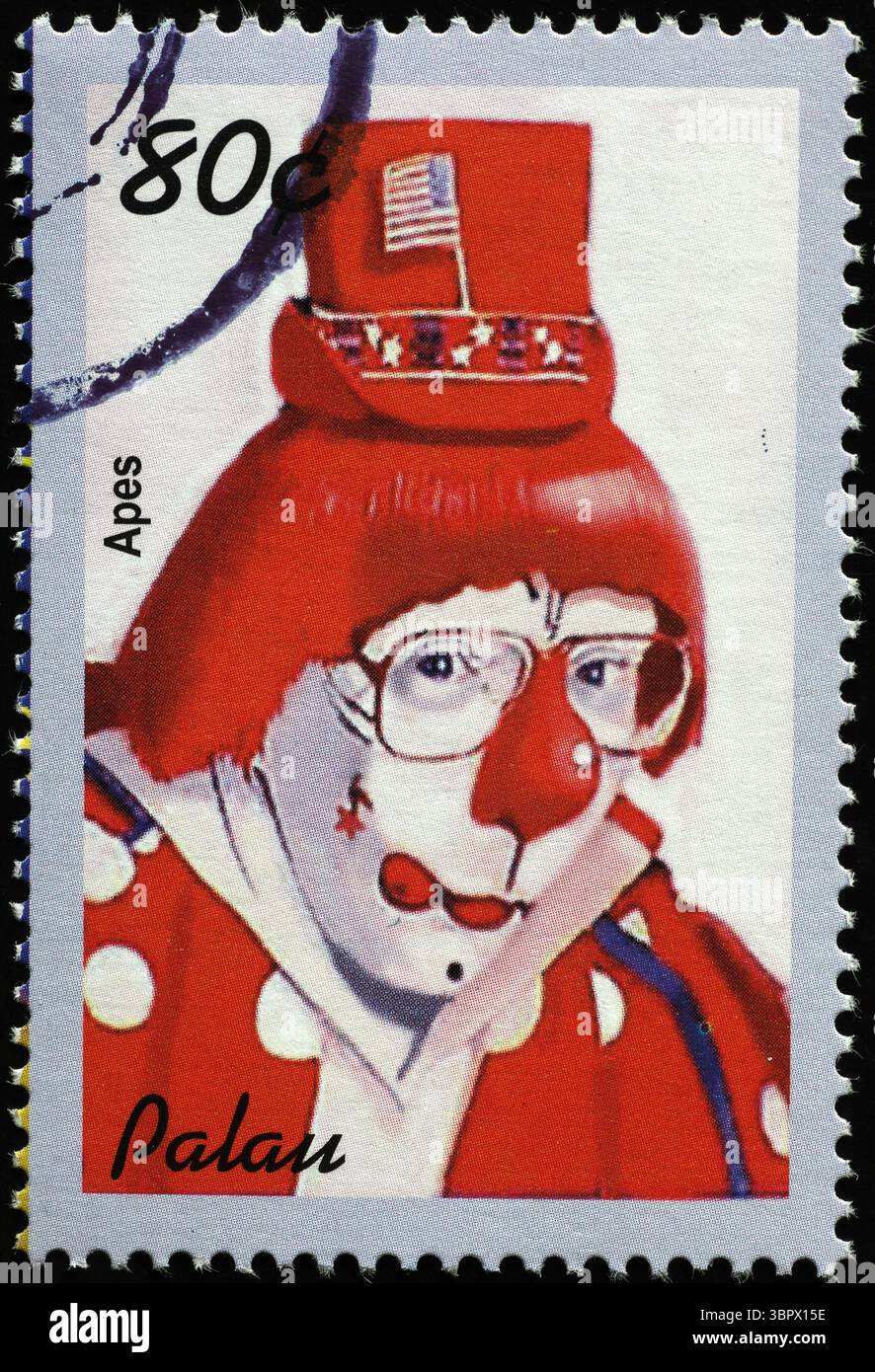Portrait de clown sur timbre de Palau Banque D'Images