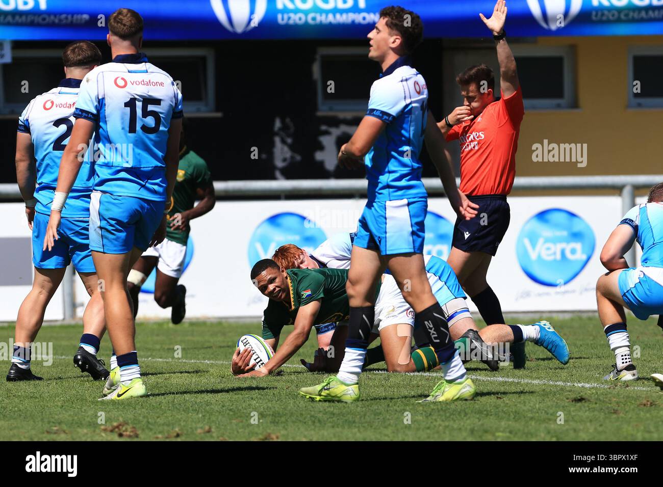Calvisano, Italie. 09 juillet 2025. Le joueur sud-africain Jaco Williams marque un essai lors du match du Championnat du monde de rugby U20 entre l'Écosse et l'Afrique du Sud au San Michele Stadium, Calvisano, en Italie. (Crédit : Federico Zovadelli/Alamy Live News) Banque D'Images