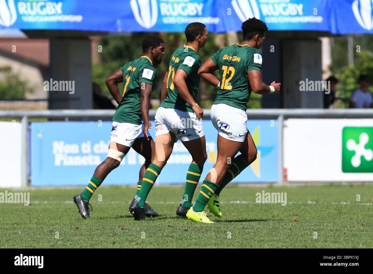 Calvisano, Italie. 09 juillet 2025. Le joueur sud-africain Jaco Williams célèbre après avoir marqué un essai lors du match du Championnat du monde de rugby U20 entre l'Écosse et l'Afrique du Sud au San Michele Stadium, Calvisano, Italie. (Crédit : Federico Zovadelli/Alamy Live News) Banque D'Images