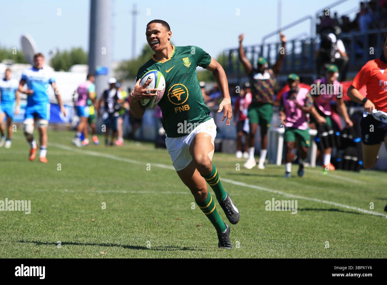 Calvisano, Italie. 09 juillet 2025. Le joueur sud-africain Jaco Williams marque un essai lors du match du Championnat du monde de rugby U20 entre l'Écosse et l'Afrique du Sud au San Michele Stadium, Calvisano, en Italie. (Crédit : Federico Zovadelli/Alamy Live News) Banque D'Images