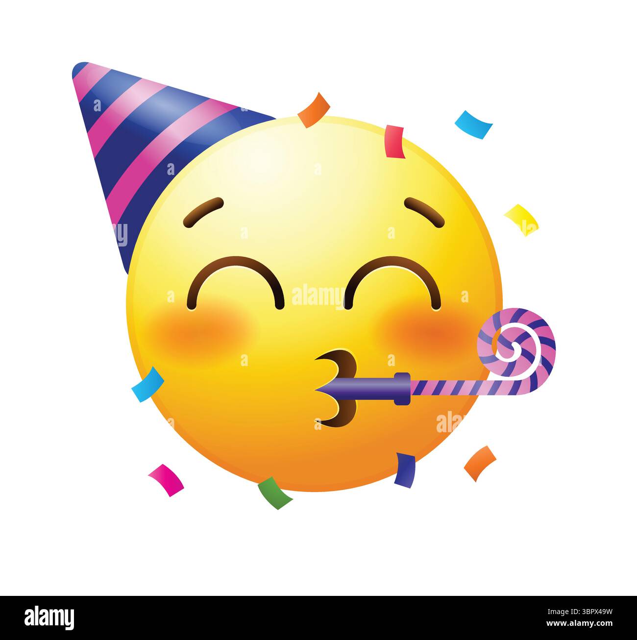 Party emoji avec chapeau de fête et corne. Icône vectorielle d'émoticône de célébration. Illustration de Vecteur
