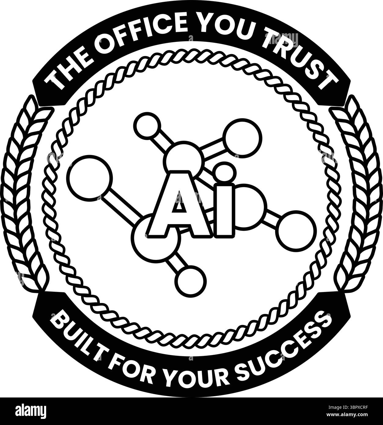 Le logo Office You Trust est un cercle noir et blanc entouré d'un ruban blanc. Le logo comporte une formule chimique pour l'IA, qui est un symbole de Illustration de Vecteur