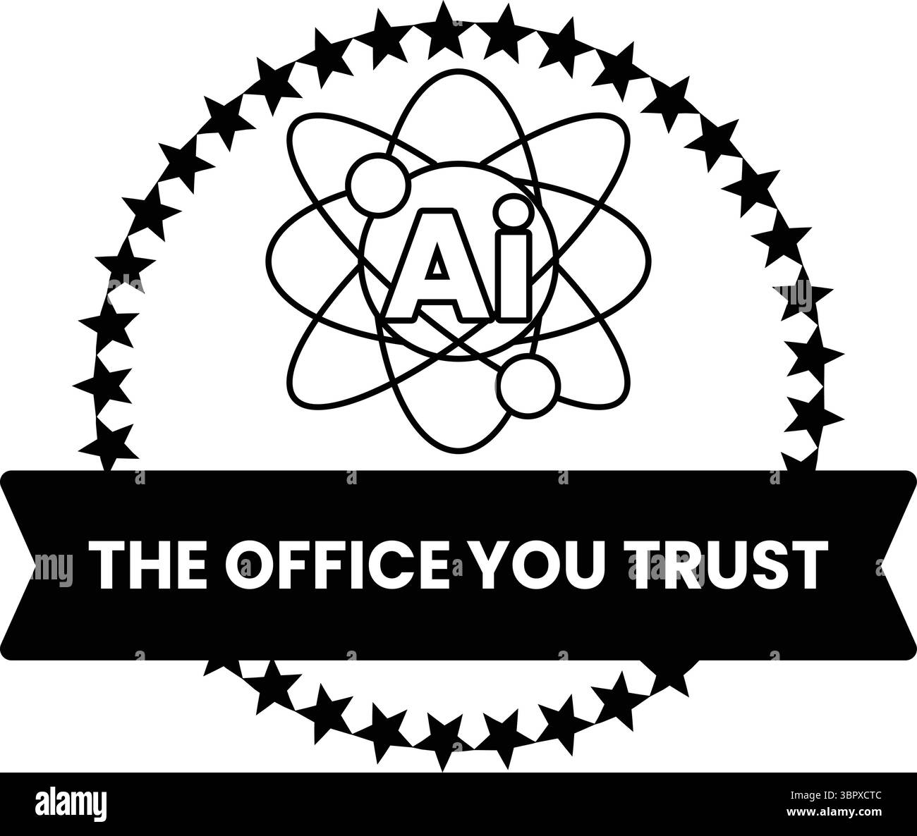 Le logo Office You Trust est un cercle noir avec un motif d'étoile blanche. Le cercle est entouré d'un ruban qui dit « le bureau auquel vous faites confiance » Illustration de Vecteur