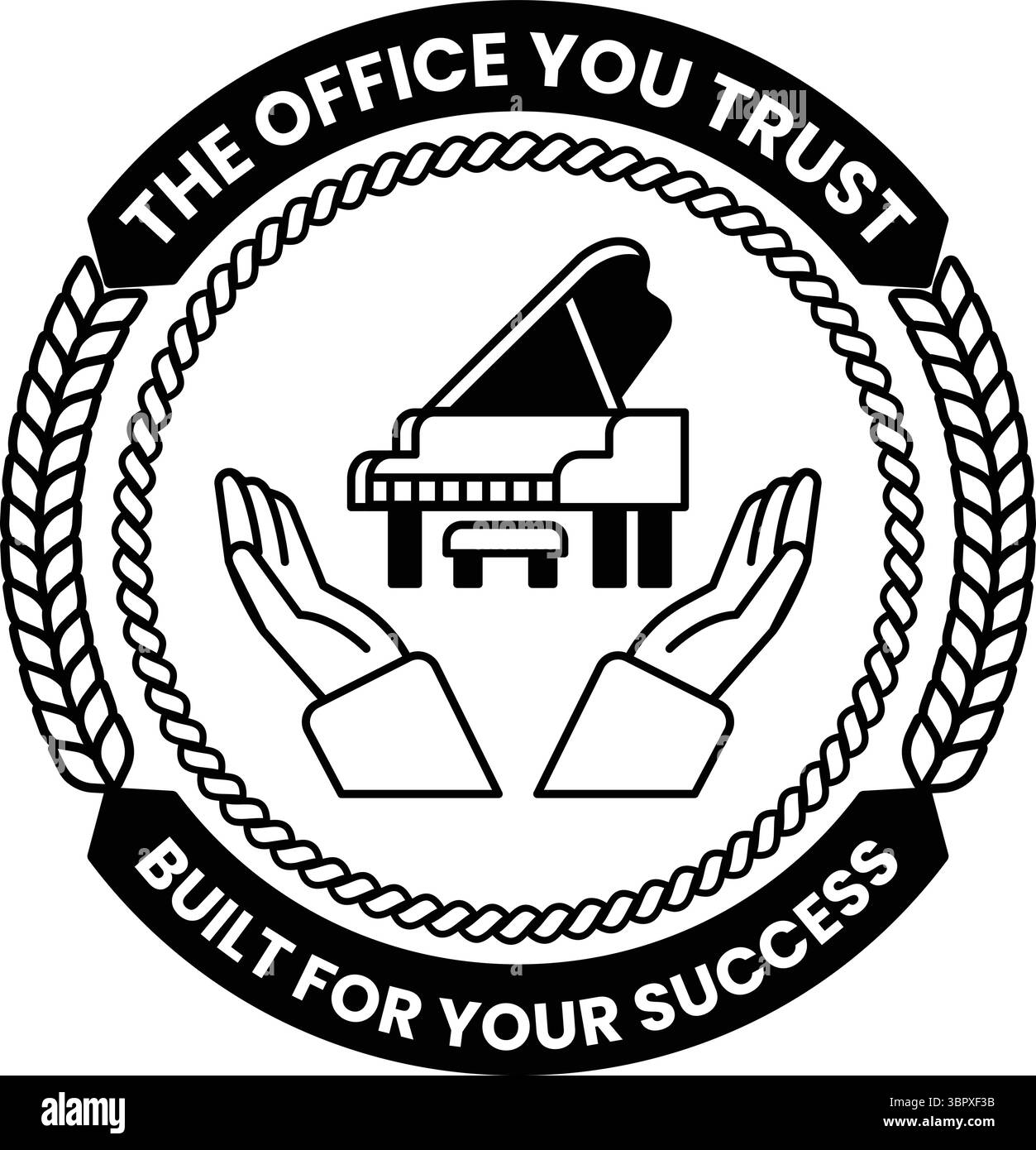 Le logo Office You Trust comporte deux mains tenant un piano. Le logo est blanc et noir. Le logo est destiné à transmettre un sentiment de confiance et de sécurité Illustration de Vecteur