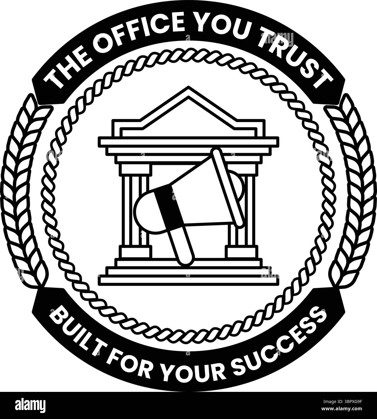 The Office You Trust est une entreprise qui construit pour votre succès. Le logo représente un bâtiment avec un grand microphone devant lui Illustration de Vecteur