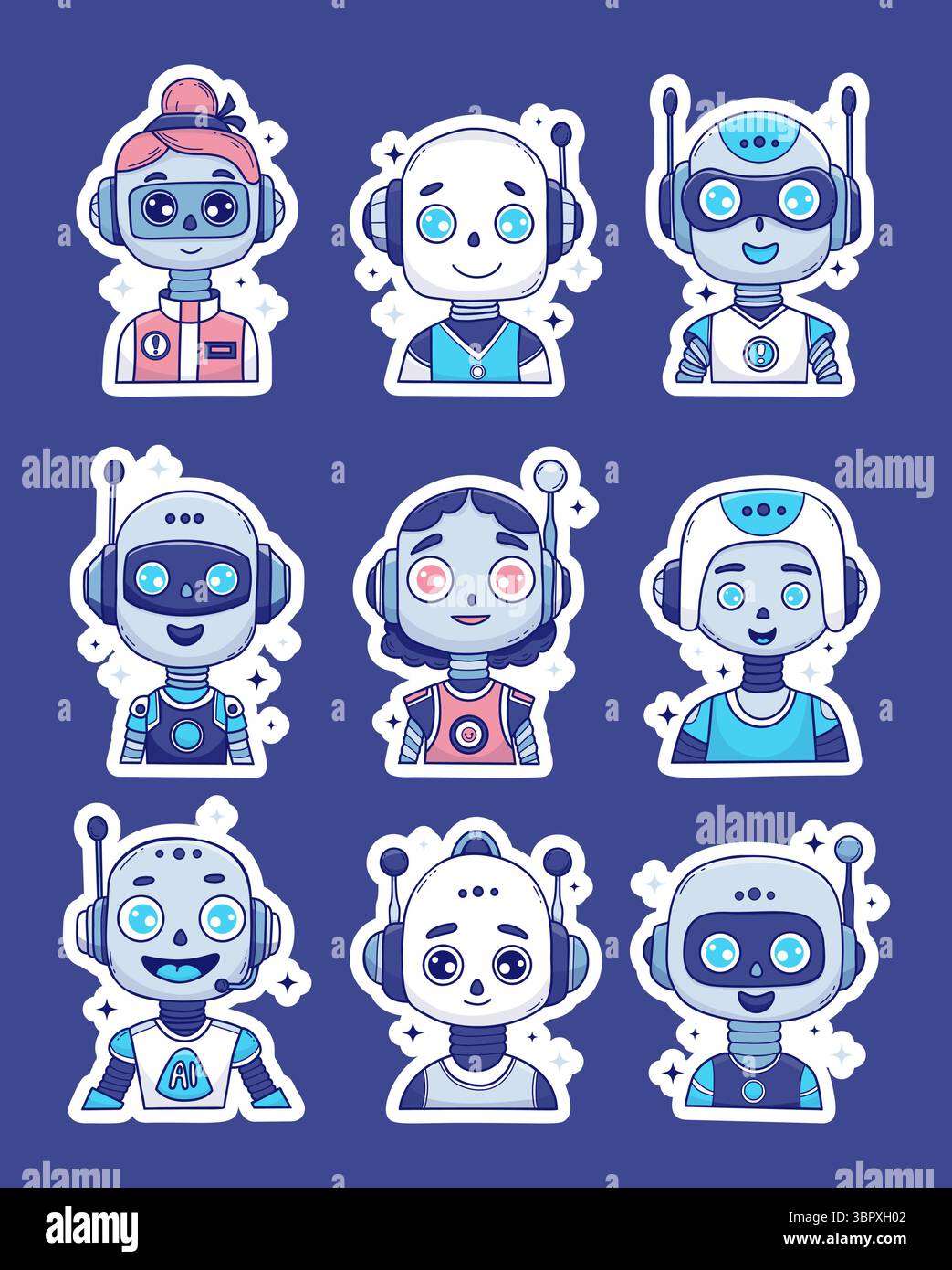 Pack d'autocollants avatar ai futuriste. Robot mignon, visage de chatbot, icônes d'interface de fille de bot virtuel. Dessin manuel de couleur vectorielle. Dessin animé futuriste isolé Illustration de Vecteur