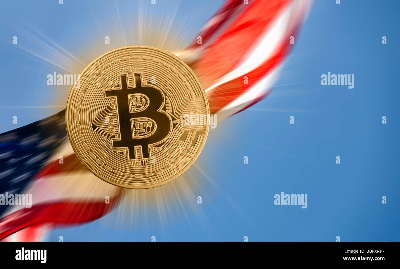 Bitcoin superposé sur agitant le drapeau américain Banque D'Images