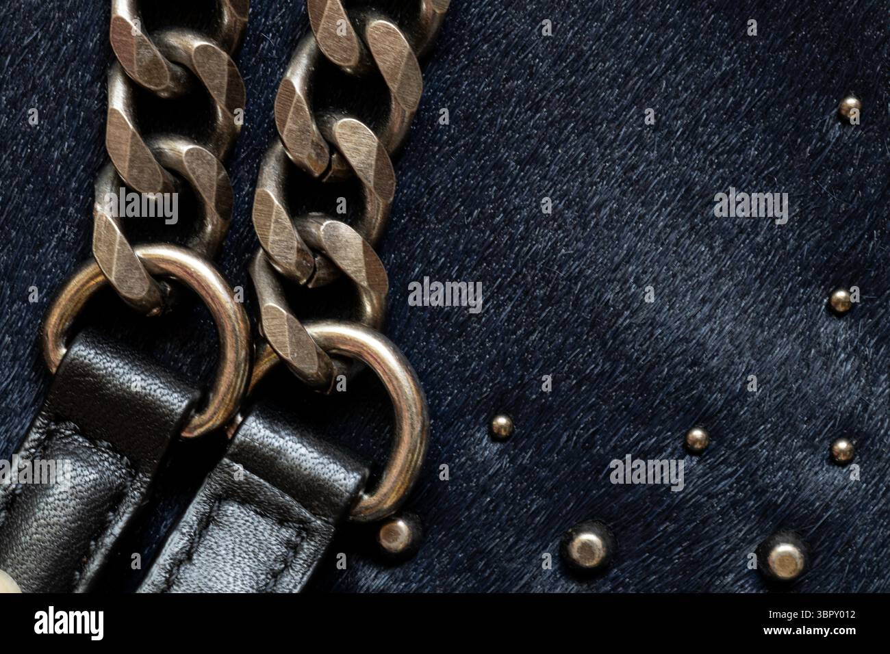 Fourrure foncée avec des décorations en métal, fond et texture de gros plan de sac de femme noir Banque D'Images