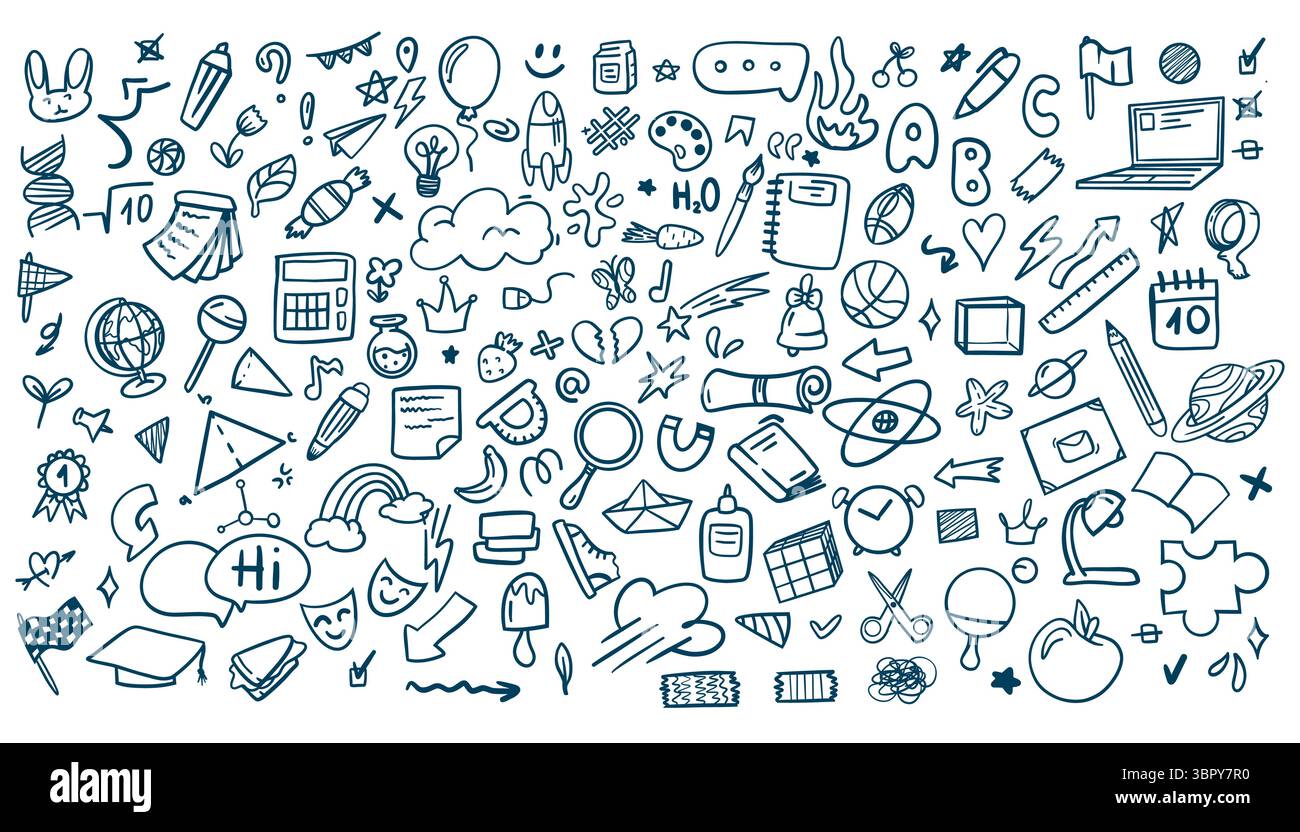Grand ensemble de doodle pour la rentrée des classes. Dessin au trait vectoriel dessiné à la main avec des livres, des crayons, des sacs à dos, des règles et d'autres fournitures scolaires. Idéal pour les tirages, les affiches Illustration de Vecteur