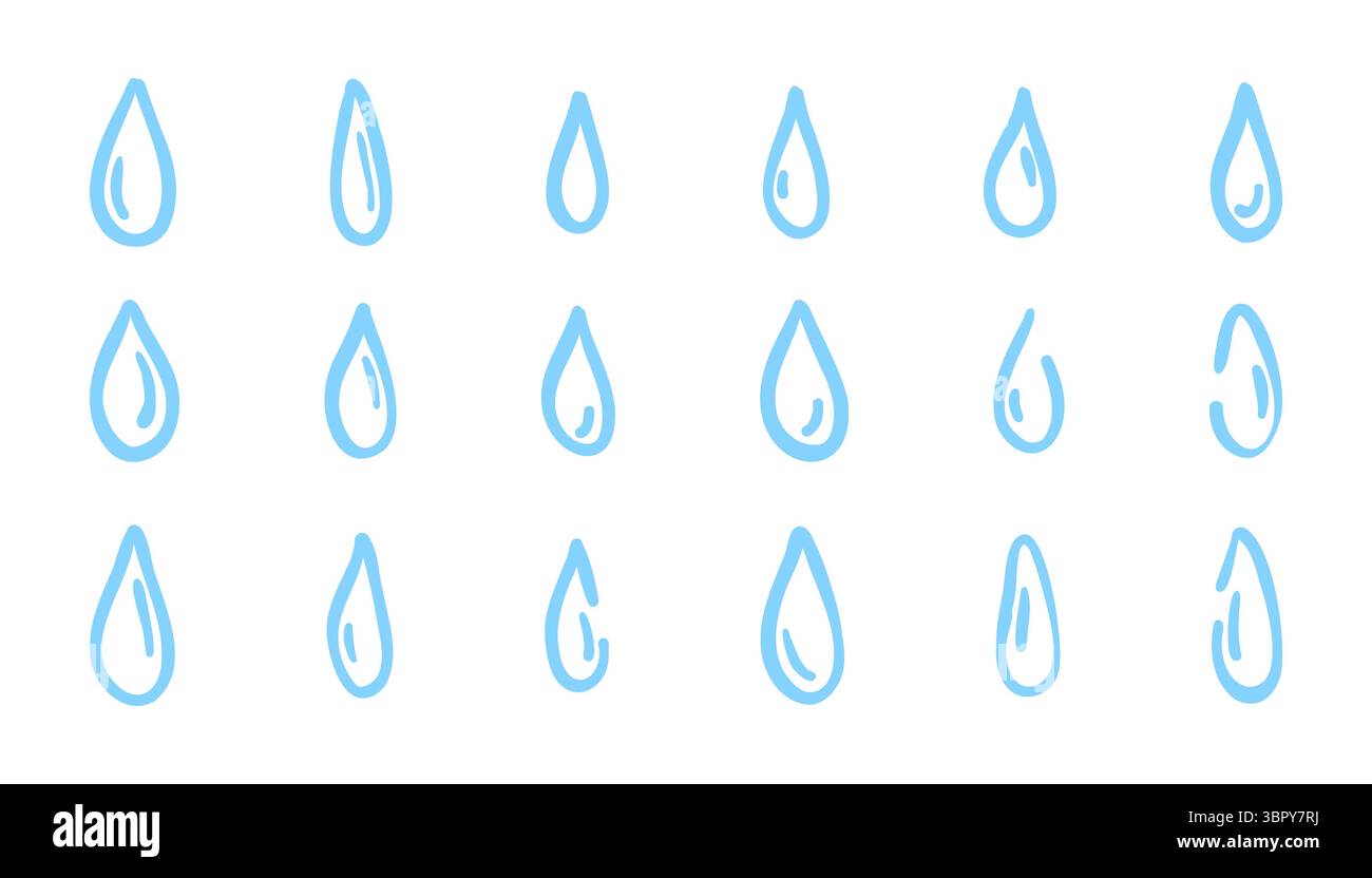 Ensemble de gouttes d'eau dessinées à la main dans le style doodle. Illustration vectorielle des icônes de goutte d'eau. Symboles liquides esquissés, éléments de pluie ou d'éclaboussure. Isolé sur w Illustration de Vecteur