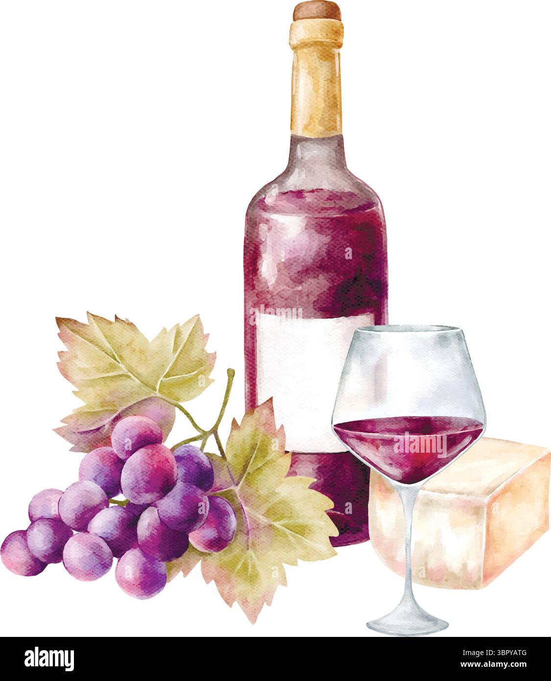 Petit-déjeuner rustique avec vin rouge, fromage cottage, pain, raisins et fromage. Idéal pour l'image de marque de la ferme à la table, les blogs éco-alimentaires, les promotions de vignobles, et Illustration de Vecteur