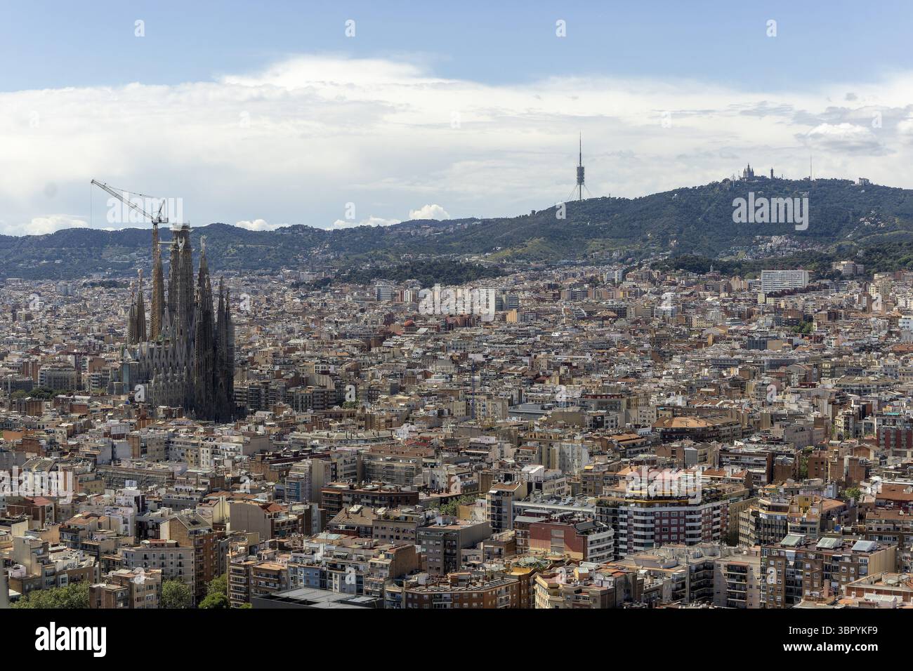 Panorama de la ville et de la cathédrale de la Sagrada Familia, photographié depuis le Mirador Torre Glories (Torre Agbar), Barcelone, Province de Barcelone Banque D'Images Panorama de la ville et de la cathédrale de la Sagrada Familia, photographié depuis le Mirador Torre Glories (Torre Agbar), Barcelone, Province de Barcelone Banque D'Images