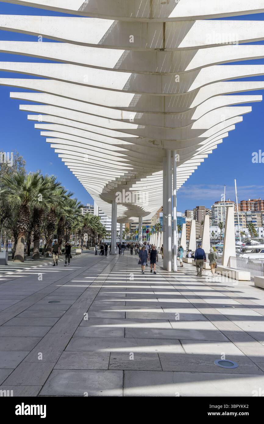 Promenade portuaire moderne avec construction de toit blanc Palmeral de Las Sorpresas sur Boulevard Muelle dos Pier avec ciel bleu en arrière-plan, Malaga, Banque D'Images Promenade portuaire moderne avec construction de toit blanc Palmeral de Las Sorpresas sur Boulevard Muelle dos Pier avec ciel bleu en arrière-plan, Malaga, Banque D'Images
