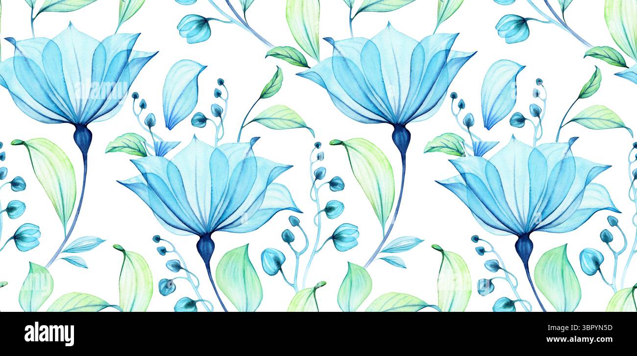 Motif sans couture de fleur transparente à l'aquarelle. Design de surface avec de grands pétales bleus, bourgeons et feuilles. Peinture abstraite avec des fleurs turquoises. Aéré Banque D'Images