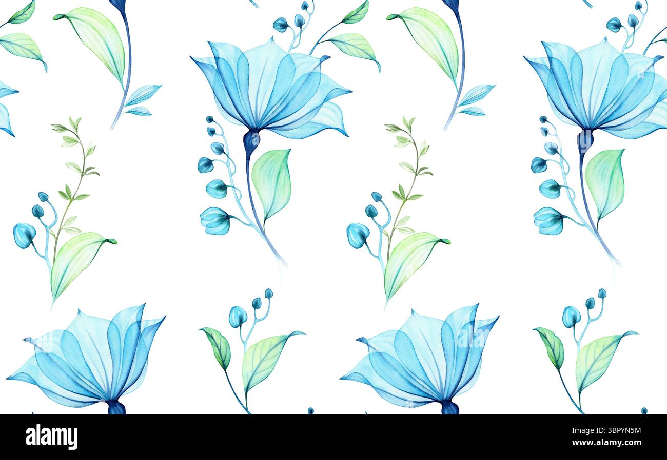 Motif de fleurs transparentes à l'aquarelle. Design de surface avec de grands pétales bleus, bourgeons et feuilles. Peinture abstraite avec des fleurs turquoises. Aéré et Banque D'Images
