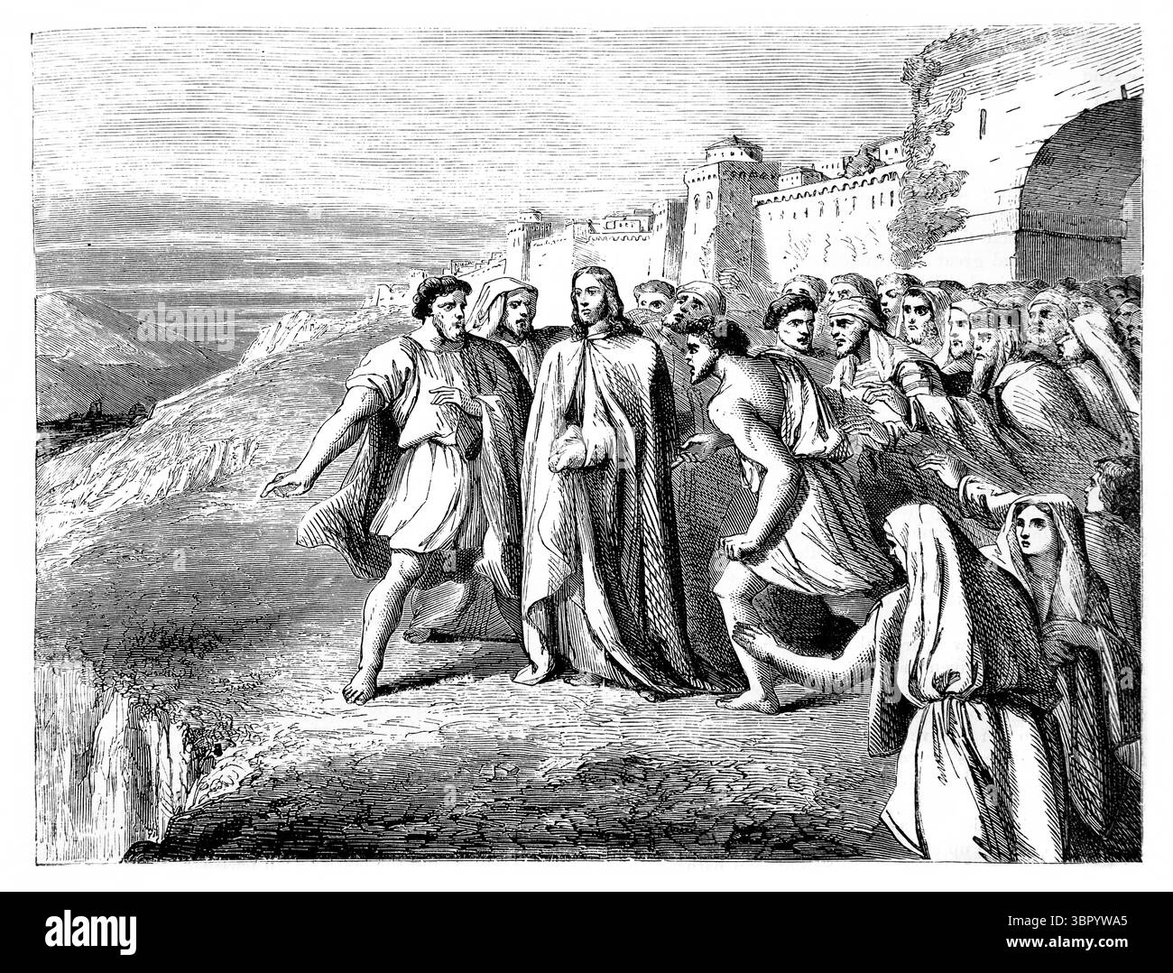 Illustration des juifs conduisant Christ au front de la colline à Nazareth pour le faire tomber mais Jésus marcha miraculeusement à travers la foule en colère et Banque D'Images