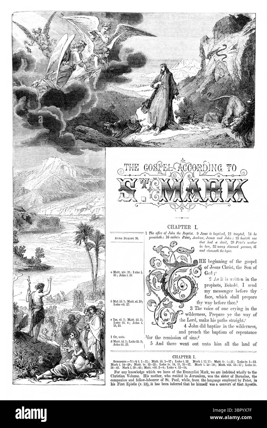 Page de titre de l'Évangile selon Saint Marc représentant Jésus-Christ tenté et saint Jean-Baptiste prêchant dans la nature sauvage de l'Antiquité 19e. Banque D'Images Page de titre de l'Évangile selon Saint Marc représentant Jésus-Christ tenté et saint Jean-Baptiste prêchant dans la nature sauvage de l'Antiquité 19e. Banque D'Images