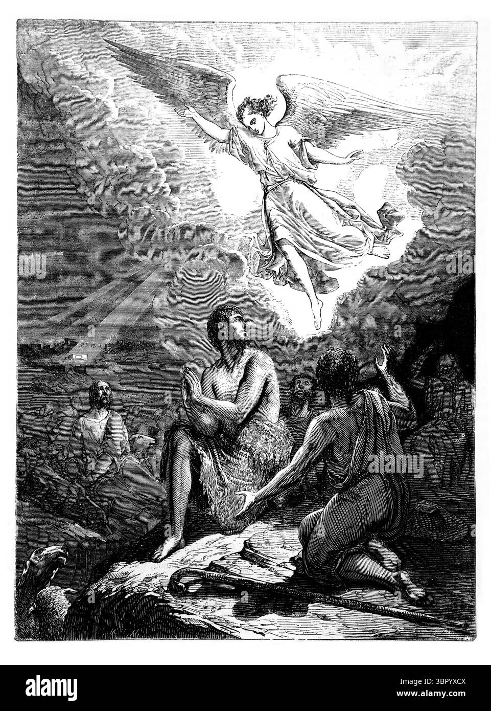 Illustration des bergers qui regardaient leur troupeau la nuit quand un Ange du Seigneur est venu sur eux en leur apportant de bonnes nouvelles de la naissance Banque D'Images