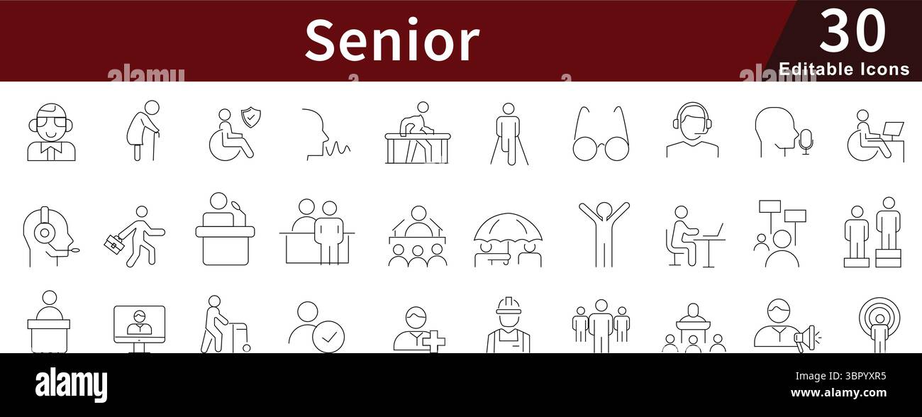 Icônes de ligne modifiables senior définies pour les services de soins aux personnes âgées, de retraite et de soutien au vieillissement Illustration de Vecteur