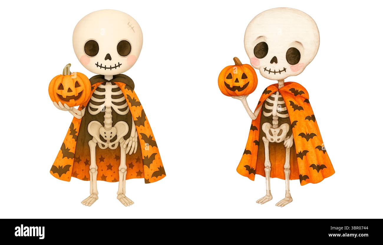 Halloween Skeleton Kids avec manteaux de citrouille – illustration aquarelle Banque D'Images