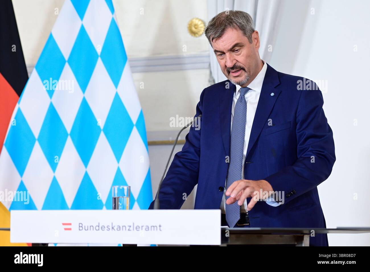 Vienne, Autriche. 10 juillet 2025. Le chancelier fédéral Christian stocker (ÖVP) reçoit le ministre-président de l'État libre de Bavière, Markus Söder (CSU) pour une visite de travail. La photo montre Markus Söder Banque D'Images
