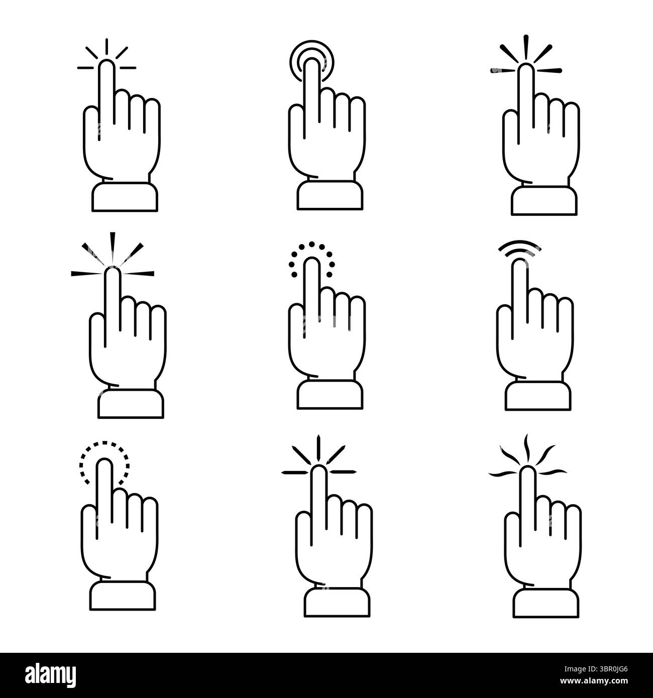 Jeu d'icônes de clic du curseur de la main. Illustration de la collection gestes tactiles. Différents gestes tactiles couramment utilisés dans les interfaces numériques. Illustration de Vecteur
