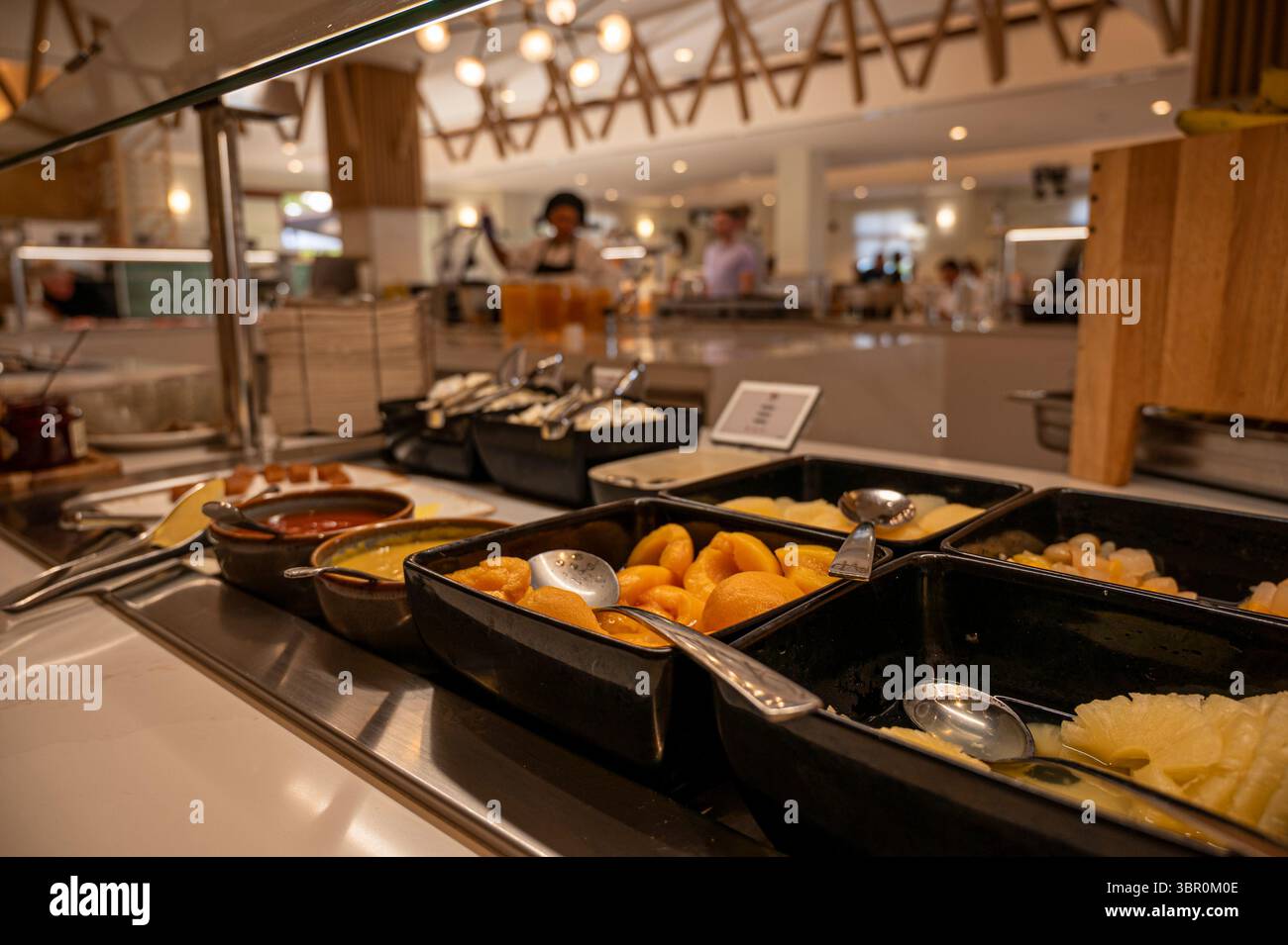 Un buffet avec une variété de plats, y compris des fruits et des légumes. La scène est décontractée et accueillante, car la nourriture est affichée Banque D'Images