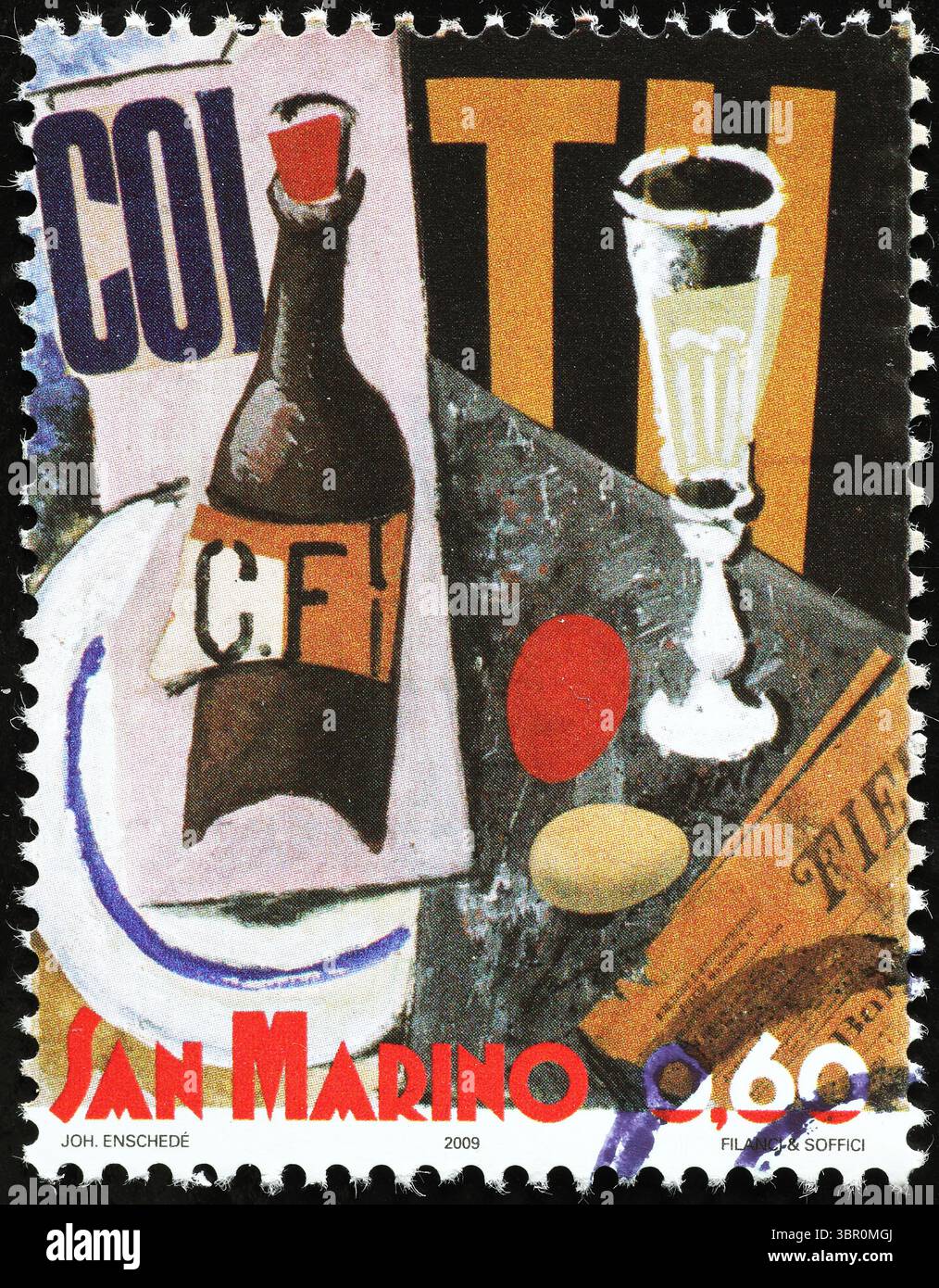 Futurisme italien, 'nature morte avec oeuf rouge' par Ardengo Soffici sur timbre-poste Banque D'Images