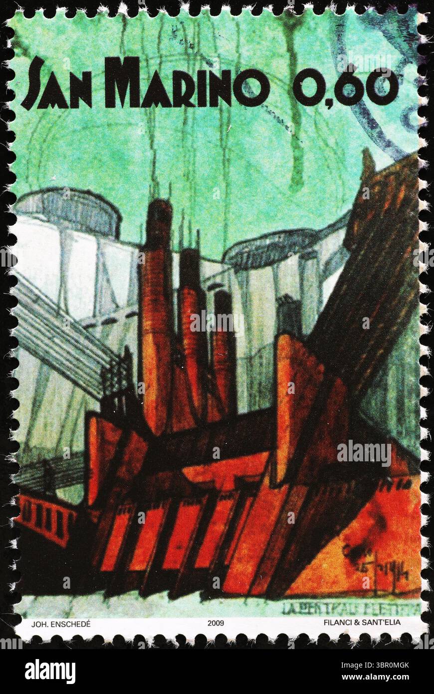 Futurisme italien, 'Etude pour centrale électrique' par Antonio Sant'Elia sur timbre Banque D'Images